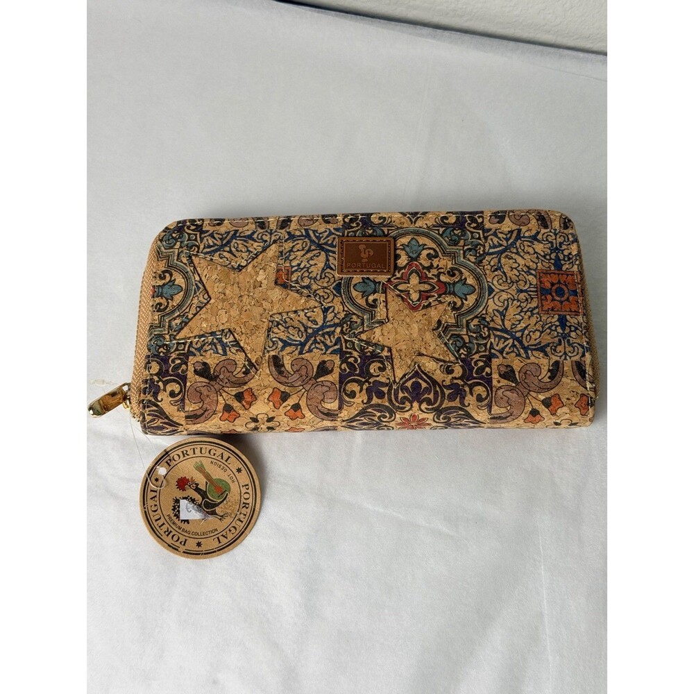 Portugal Cork Wallet Zip Around Azulejo Print Vegan Cork Leather RFID Style NWT